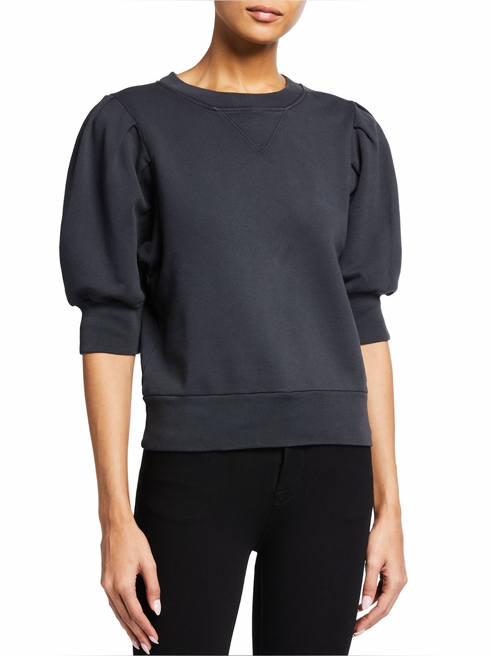 FRAME Shirred Sweatshirt in Faded Noir Short Sleeve Puff Sweatshirt Size Large
